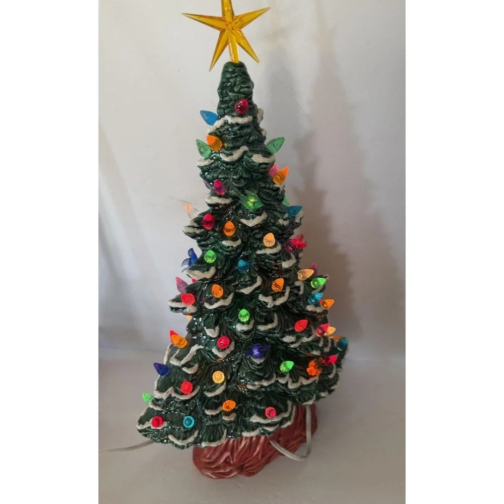 Vintage 1987 Lighted Ceramic Christmas Tree Snow Flocked Multi Color Bird Bulbs